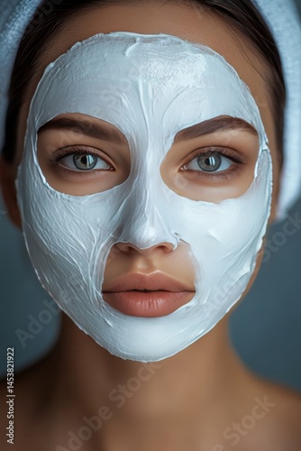 Close-up of a woman wearing a facial mask, looking upwards with a serene expression.