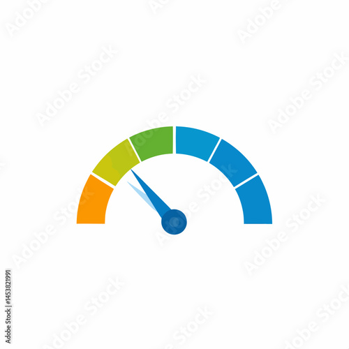 Speedometer gauge with needle showing performance level and measurement of progress in various fields