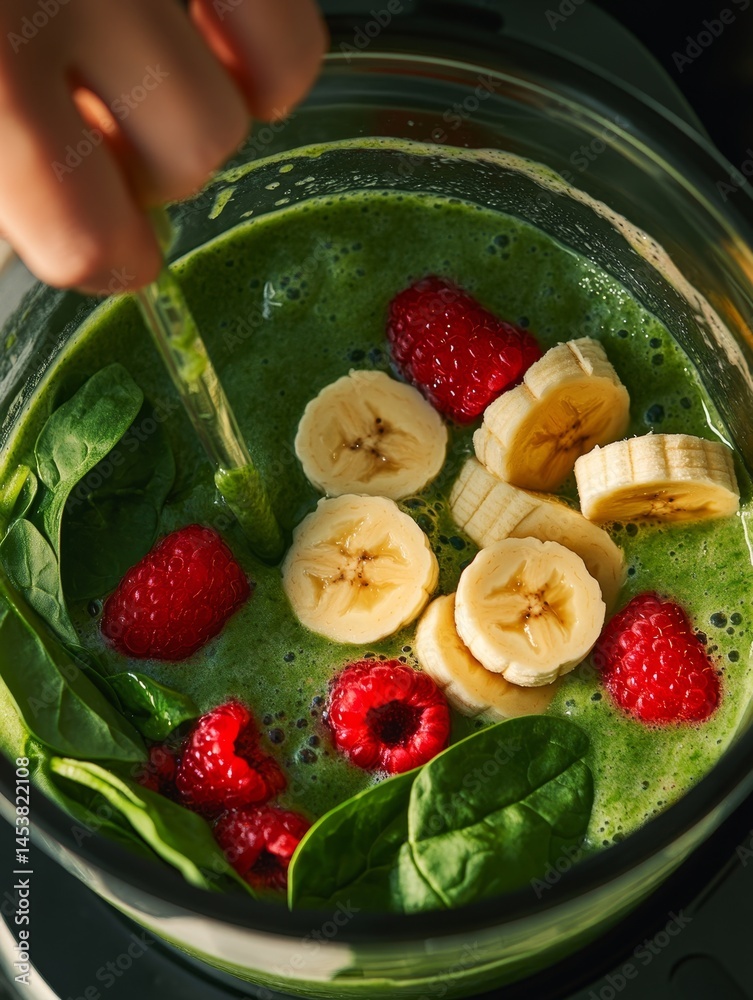 Hands preparing a refreshing green fruit smoothie with bananas, raspberries, spinach leaves, and a healthy mix of yogurt and milk.