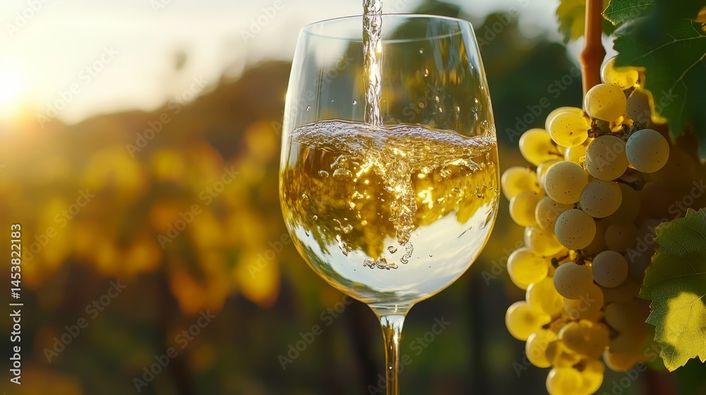 A clear glass of white wine on a vine of grapes, with a sunset in the background.