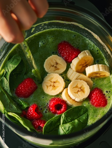 Obraz na płótnie Hands preparing a refreshing green fruit smoothie with bananas, raspberries, spinach leaves, and a healthy mix of yogurt and milk. w salonie