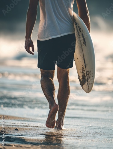 Man walking along ocean shoreline with surfboard under arm.