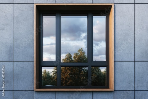 Obraz na płótnie Modern building window showing reflection of sky and clouds, with wooden frame. w salonie