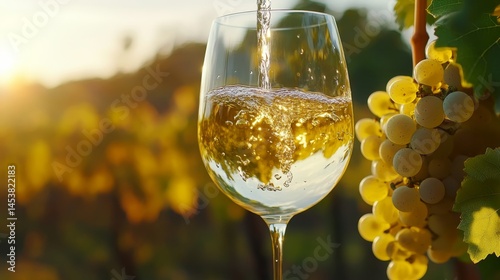 Obraz na płótnie A clear glass of white wine on a vine of grapes, with a sunset in the background. w salonie