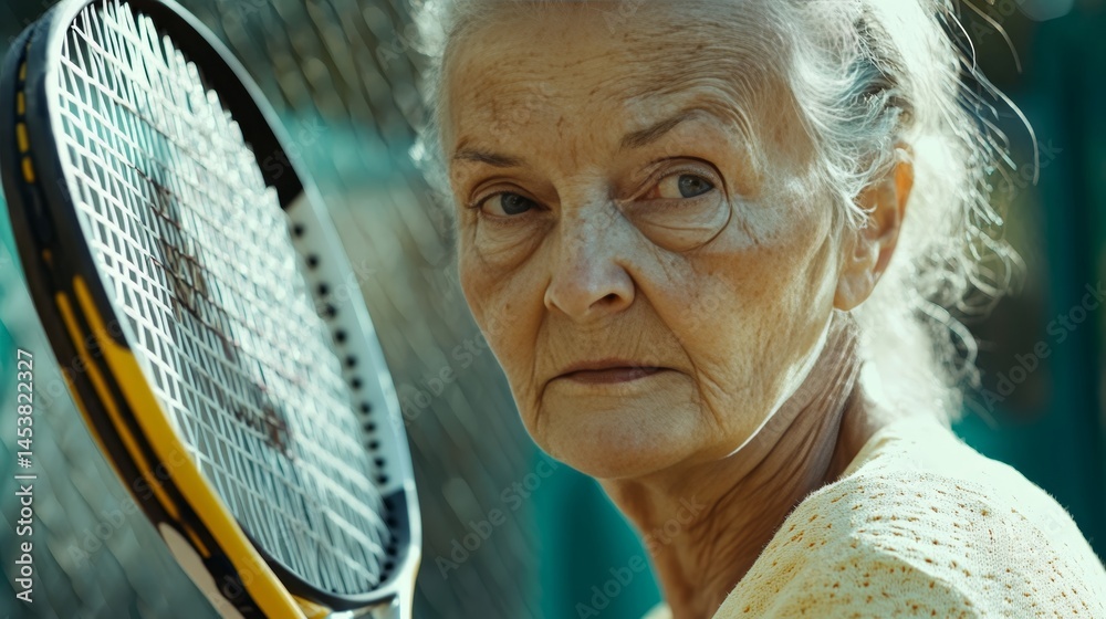 Woman with racket playing tennis. Active senior athlete.