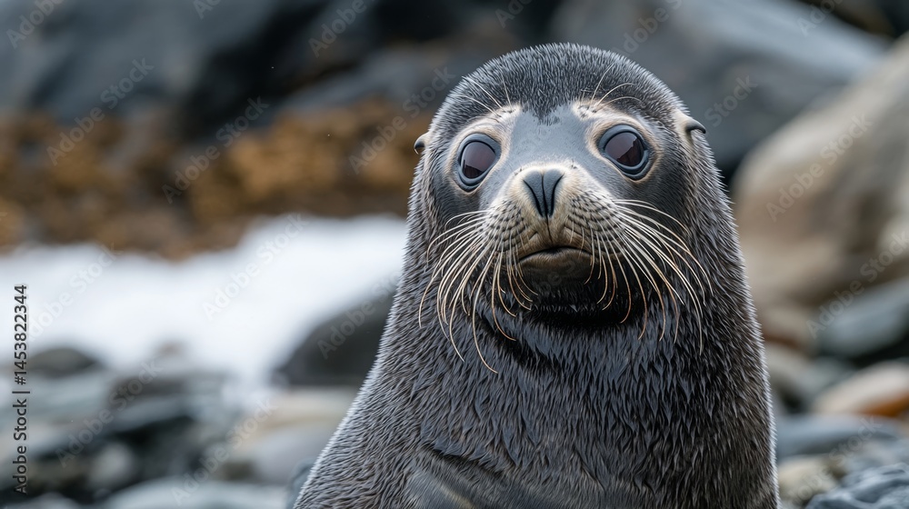 Seal looking at the camera with a surprised expression. Photograph taken on rocky shoreline with water and seaweed in the background.