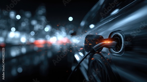 Electric Car Charging at Night: Futuristic Cityscape