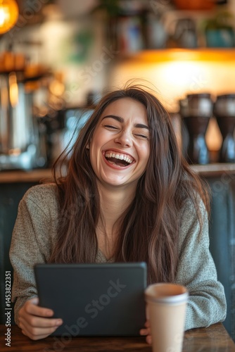 A young woman laughs heartily while using a tablet in a coffee shop, suggesting a light-hearted and enjoyable customer experience.