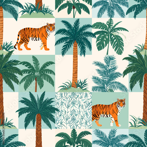 Vibrant Jungle Pattern Featuring Tigers and Palm Trees in a Playful Checkerboard Design for Exotic Wallpaper and Textile Prints