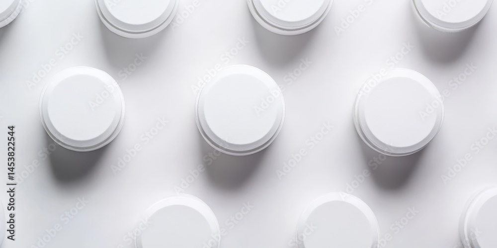 Pill bottles lined up neatly in a grid pattern, ready for prescription. A clean and organized healthcare background.