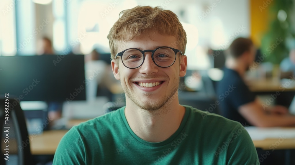 A man wearing a green shirt and glasses smiling at the camera in an office setting.