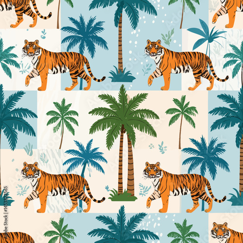 Whimsical tiger and palm tree pattern adds tropical flair to design projects with vibrant colors