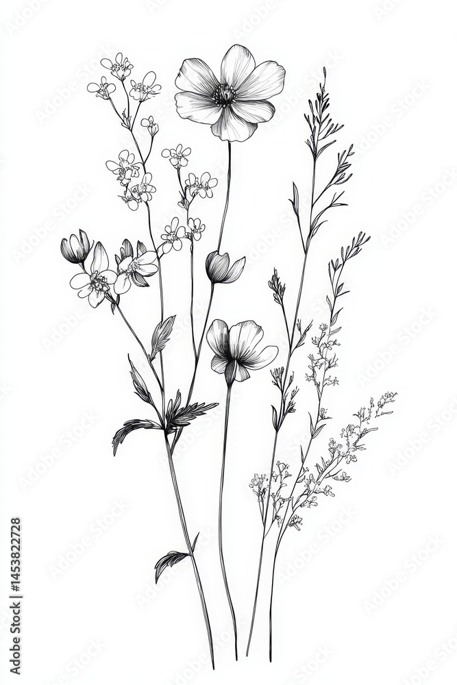 Delicate floral arrangement featuring various flowers and plants with stems, leaves, and wildlife elements.