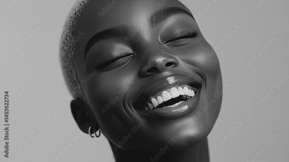 Smiling, confident model in black and white portrait. Studio-lit. Stylish chic.
