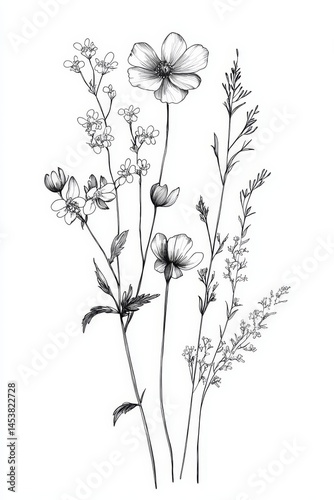 Obraz na płótnie Delicate floral arrangement featuring various flowers and plants with stems, leaves, and wildlife elements. w salonie
