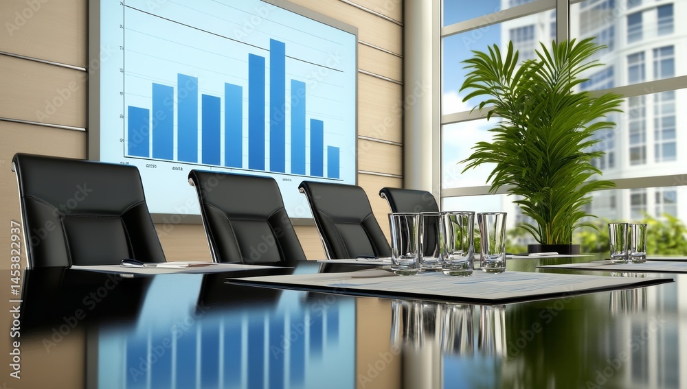 Fototapeta premium Conference Room with LED Screen Showing Business Data and Modern Decor