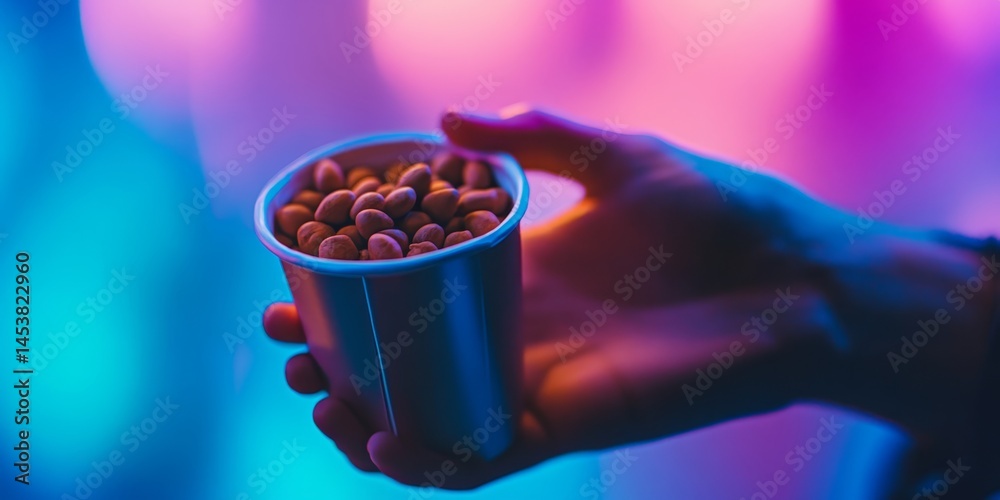 A hand holding a cup of nuts. The image has a moody, dark atmosphere