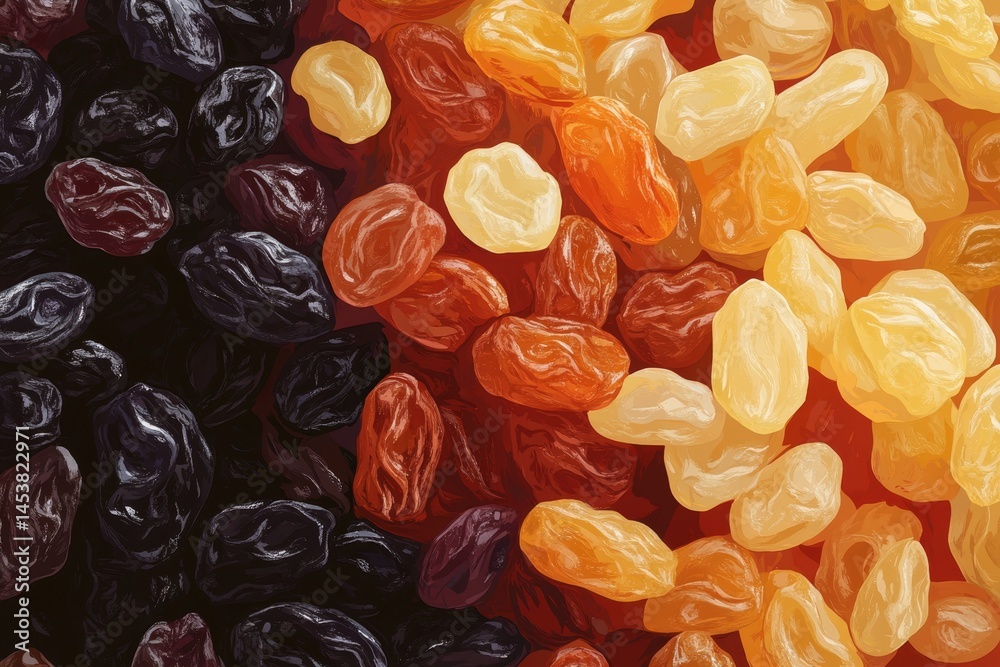 Close-up view of various raisins in a colorful array, representing healthy organic snacks and vitamins.