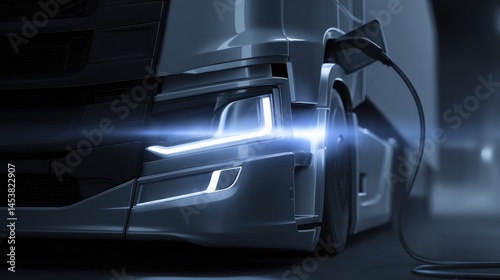Electric Truck Charging at Night: Close-up of Headlights and Charging Cable