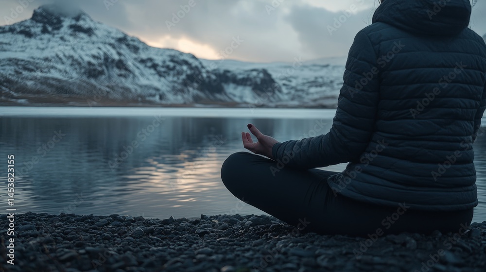 Peaceful meditation at waters edge, woman in silence with nature and snow capped mountains in background.