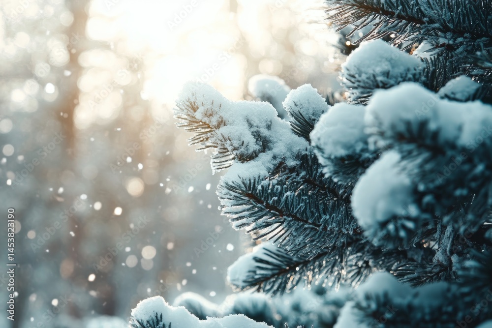 Snow-covered pine branches during winter's light snowfall.