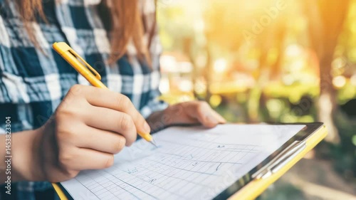 Person writing on clipboard with pen and paper, hand holding pen, outdoor sunlight writing scene