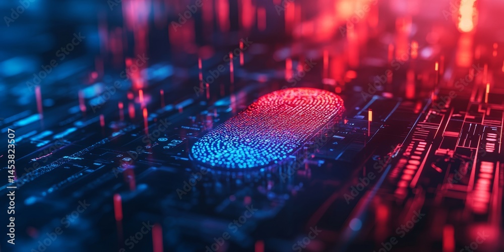 Close-up of a fingerprint scan on a circuit board with red and blue lights, symbolizing advanced technology in cybersecurity.