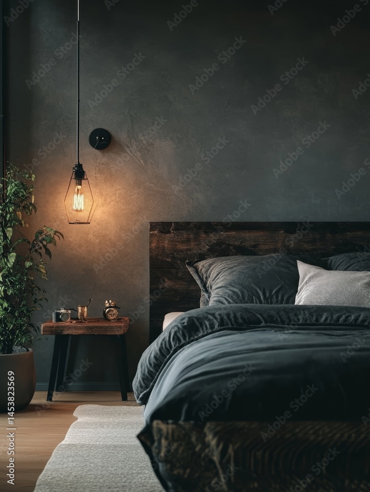 A stylish modern bedroom with a large wooden headboard, soft lighting from hanging lanterns, and cozy gray linens.