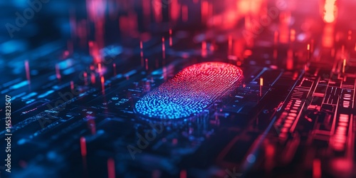 Obraz na płótnie Close-up of a fingerprint scan on a circuit board with red and blue lights, symbolizing advanced technology in cybersecurity. w salonie
