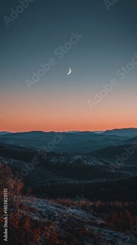 Stunning landscape showcasing a vibrant sunset illuminating the hills while a crescent moon hangs in the twilight sky. The scene captures the serene beauty of nature during dusk