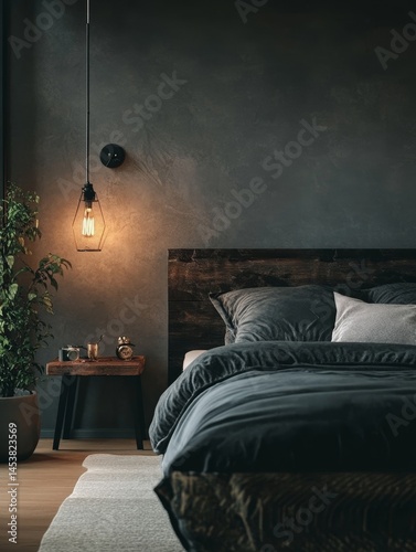 Obraz na płótnie A stylish modern bedroom with a large wooden headboard, soft lighting from hanging lanterns, and cozy gray linens. w salonie