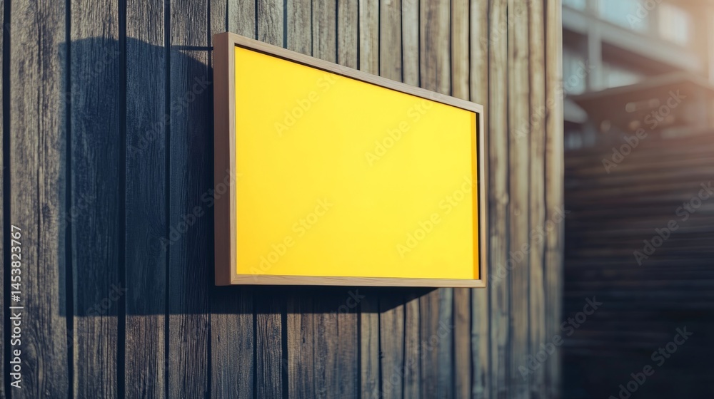 Bright yellow blank rectangular sign with a text area, set against the backdrop of a modern wooden wall on an urban building exterior during daylight hours.
