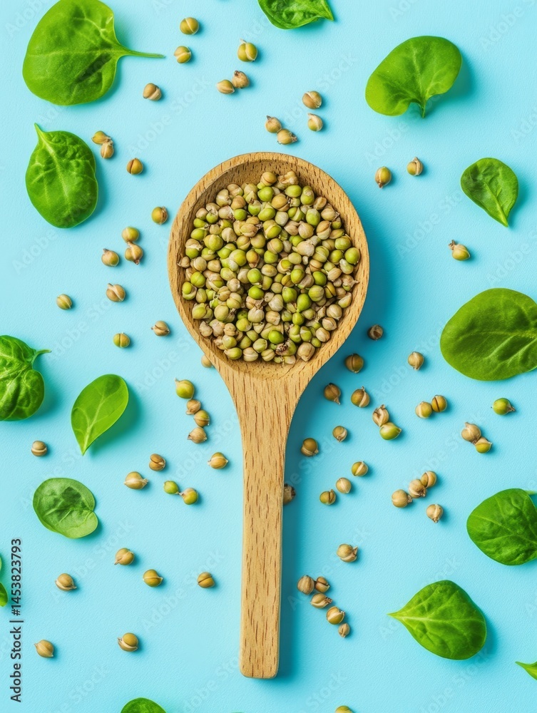 Chickpeas and spinach leaves in a wooden spoon over blue background.
