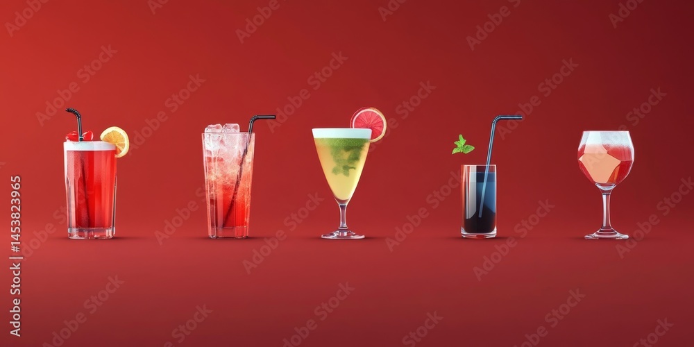 Variety of mixed drinks and garnishes on red background.