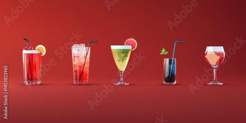 Obraz na płótnie Variety of mixed drinks and garnishes on red background. w salonie