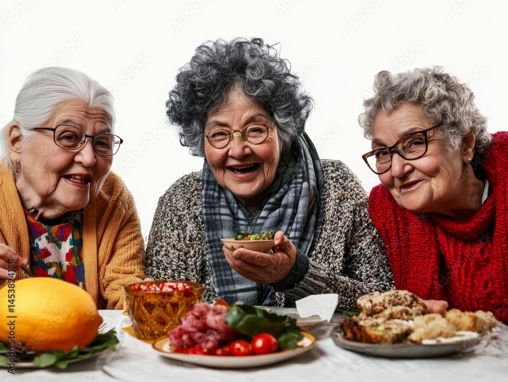 Four older women enjoying a traditional holiday meal together, sharing laughter and stories.