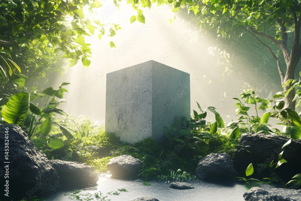 A mystical stone temple hidden in a lush jungle, with sunlight streaming through the canopy of trees.