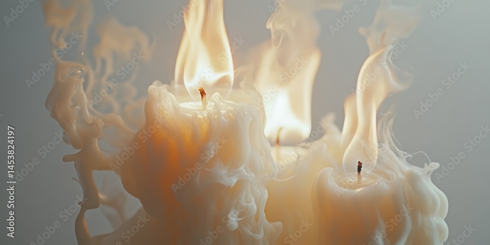 Close-up of a burning candle with melting wax creating an abstract pattern, suggesting warmth and relaxation.