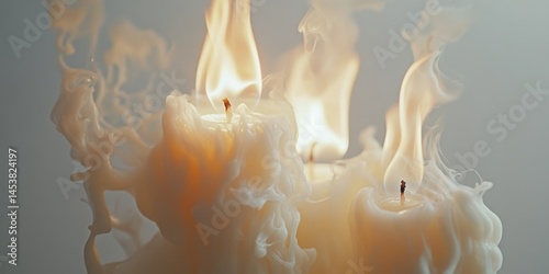 Obraz na płótnie Close-up of a burning candle with melting wax creating an abstract pattern, suggesting warmth and relaxation. w salonie