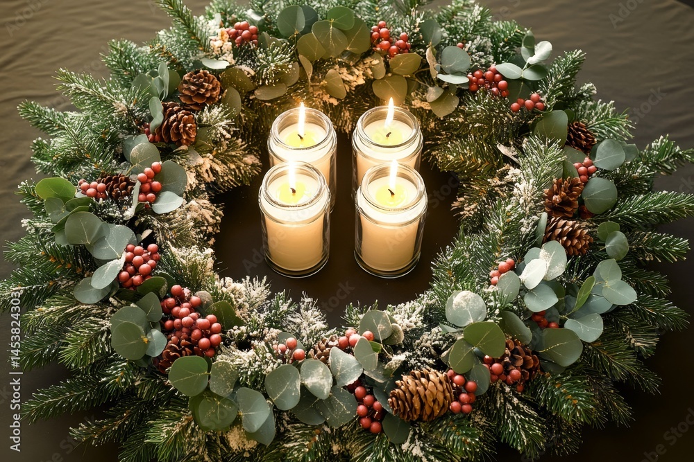 A circular wreath made of pine branches and greenery, adorned with berries and candles to create a warm, festive atmosphere.