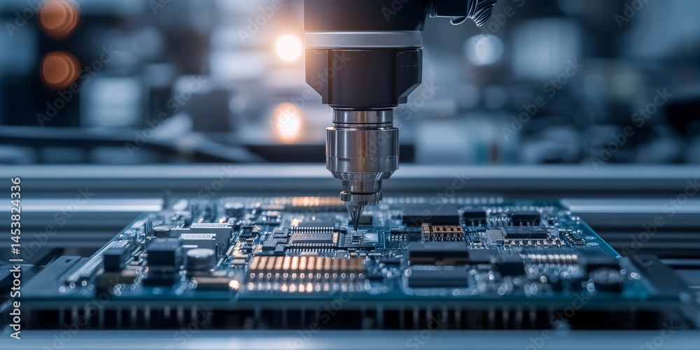 Manufacturing process with electronic components and testing equipment.
