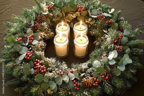 Obraz na płótnie A circular wreath made of pine branches and greenery, adorned with berries and candles to create a warm, festive atmosphere. w salonie
