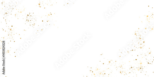 Gold shimmering glitter particles, scatter of sparkling confetti. Festive golden splatter decor frame border