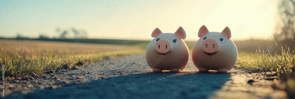 Two cute piggy banks standing together on a roadside path, symbolizing saving and finance for children.