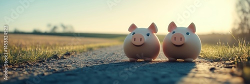 Obraz na płótnie Two cute piggy banks standing together on a roadside path, symbolizing saving and finance for children. w salonie