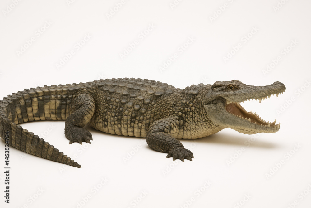 Obraz premium Crocodile with rough textured skin and sharp teeth is lying on white surface with its mouth open showing fierce expression