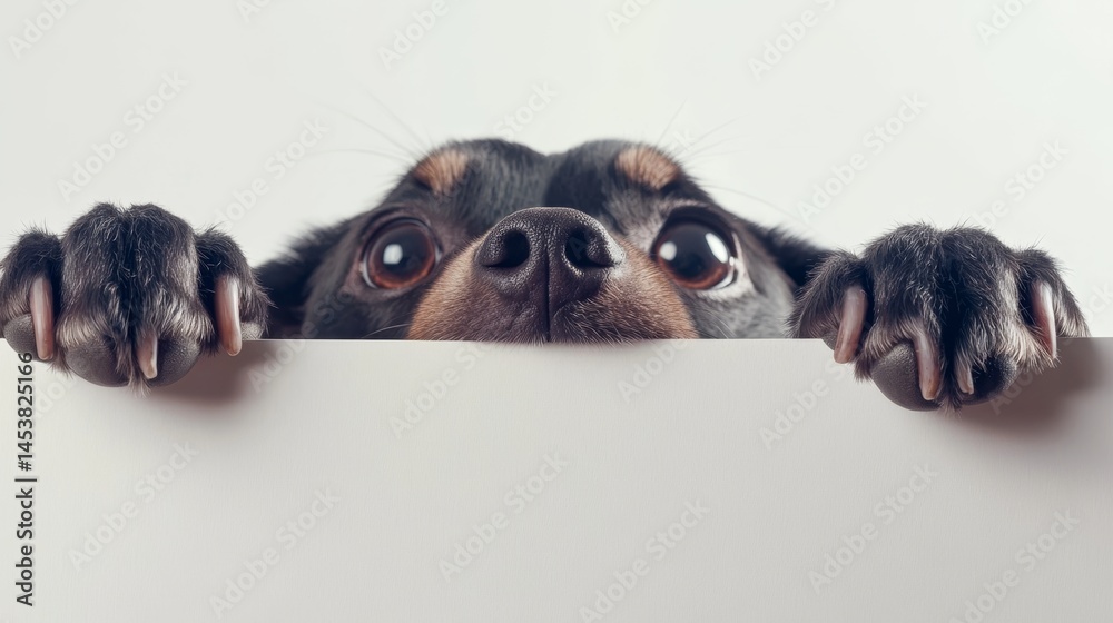 Adorable small puppy peeking from behind a door, showing his curiosity and friendliness.