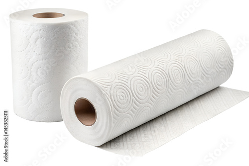 Two rolls of white embossed paper towels for kitchen and cleaning use