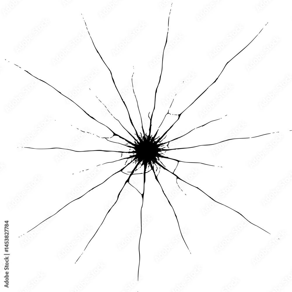 Fototapeta Cracked glass with radial fracture lines spreading from center, showing damage and breakage on transparent surface