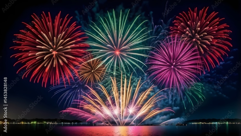Vibrant fireworks display over a calm lake at night Vibrant fireworks display over a calm lake at night
